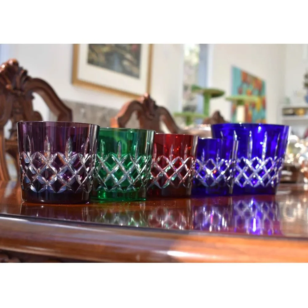 Vintage Set of AJKA Colored Crystal Old Fashioned Glasses with Ice Bucket